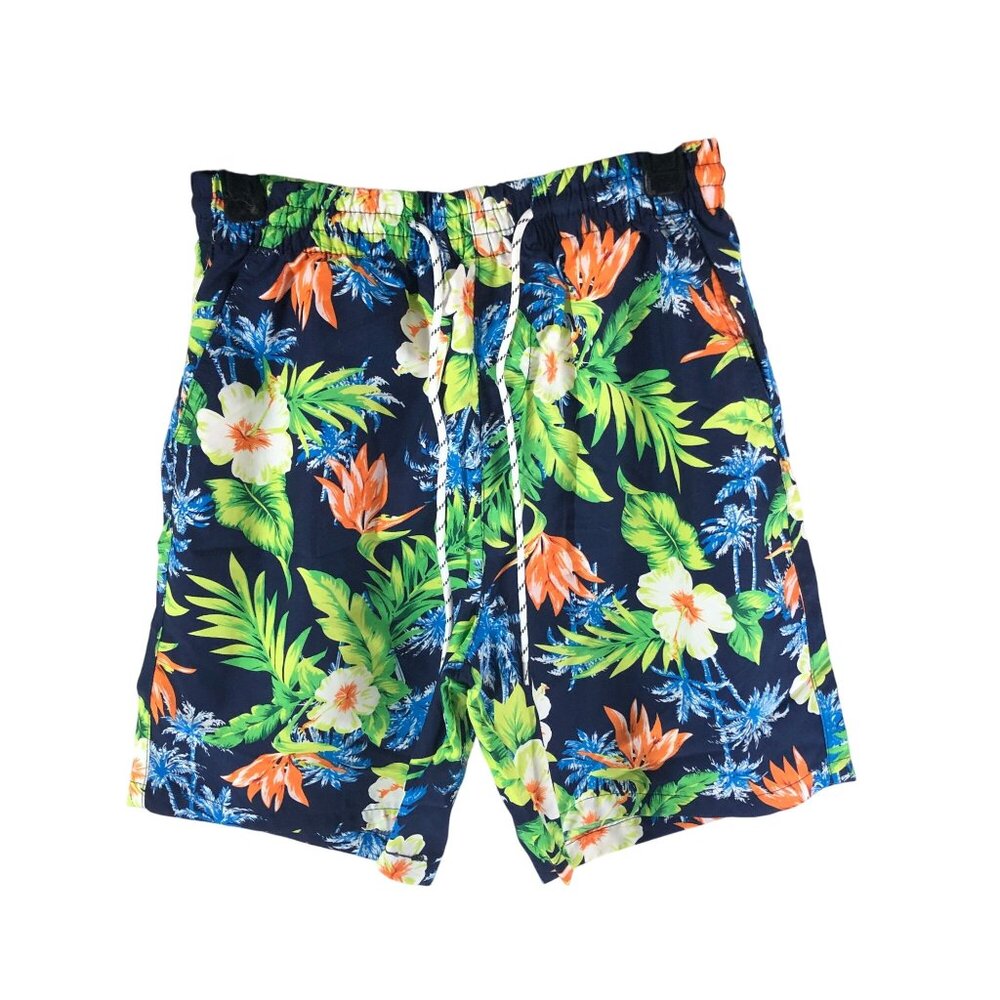 SSLR Boys Swim Trunks Mesh Lined Drawstring Tropical Floral Print Black Green S